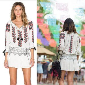 Ulla Johnson Samira White Black Red Embroidered Long Sleeve Mini Boho Dress